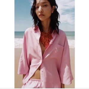 ZARA WOMEN FLOWY PINK POCKET SHIRT ROLLED UP SLEEVES SIZE L .NEW WITH TAGS